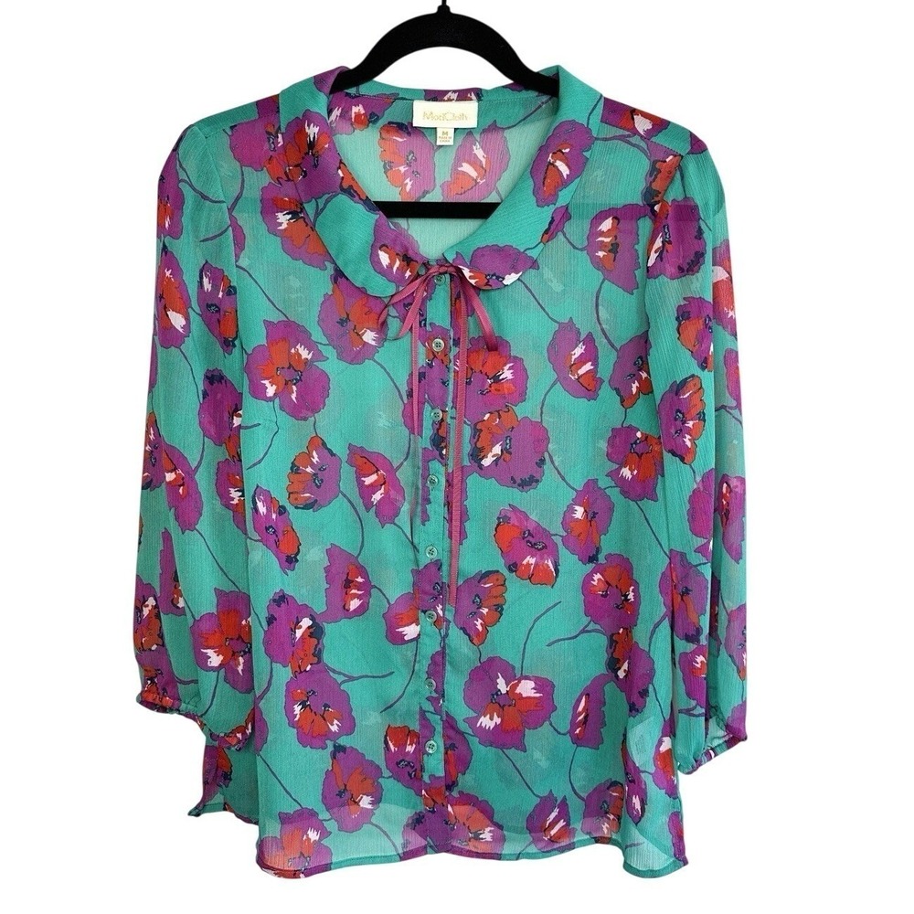 ModCloth Floral Blouse Size‎ Medium Peter Pan Collar Bow Chiffon Artsy Teacher